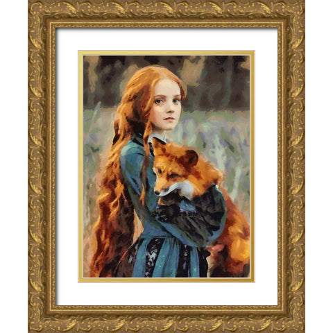 Girl with a Fox Gold Ornate Wood Framed Art Print with Double Matting by Medeiros, Celito