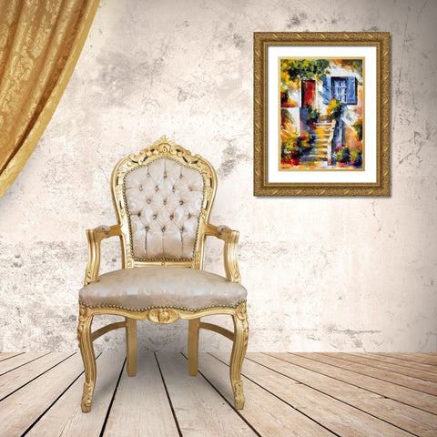 Steps with Flowers Gold Ornate Wood Framed Art Print with Double Matting by Medeiros, Celito