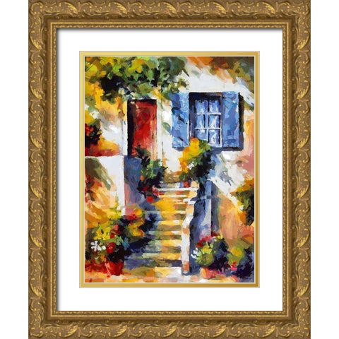 Steps with Flowers Gold Ornate Wood Framed Art Print with Double Matting by Medeiros, Celito