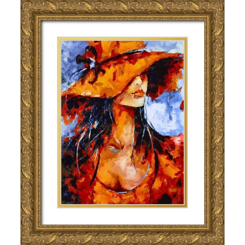 Girl in Red Hat Gold Ornate Wood Framed Art Print with Double Matting by Medeiros, Celito