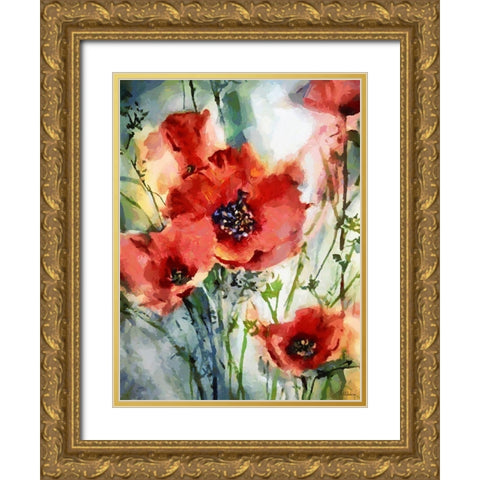 Red Poppies Gold Ornate Wood Framed Art Print with Double Matting by Medeiros, Celito