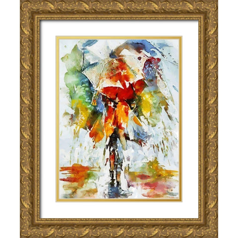 Watercolor lady with Umbrella Gold Ornate Wood Framed Art Print with Double Matting by Medeiros, Celito