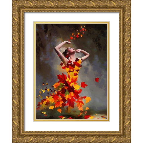 Girl made from Leaves Gold Ornate Wood Framed Art Print with Double Matting by Medeiros, Celito