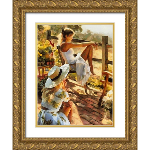 Sitting Girls Gold Ornate Wood Framed Art Print with Double Matting by Medeiros, Celito