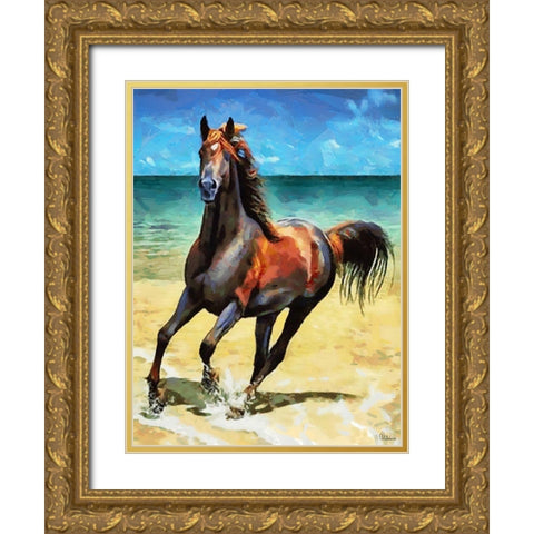 Horse on the Beach Gold Ornate Wood Framed Art Print with Double Matting by Medeiros, Celito