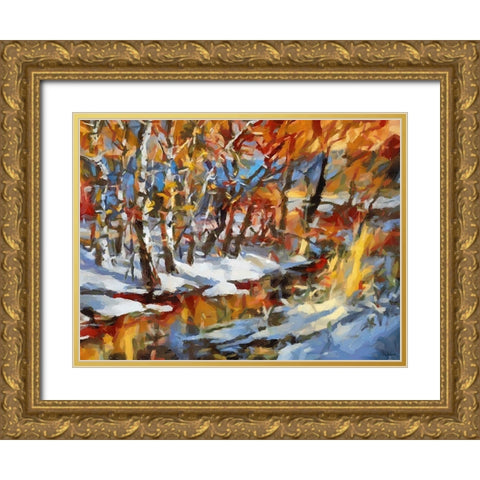 Stream in Winter Gold Ornate Wood Framed Art Print with Double Matting by Medeiros, Celito