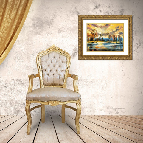Sunset over the Lake Gold Ornate Wood Framed Art Print with Double Matting by Medeiros, Celito