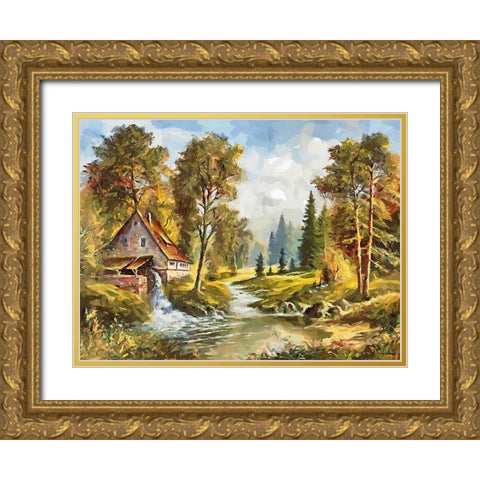 An Old Mill with Watterfall Gold Ornate Wood Framed Art Print with Double Matting by Medeiros, Celito