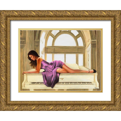 Girl Lying on the Piano Gold Ornate Wood Framed Art Print with Double Matting by Medeiros, Celito