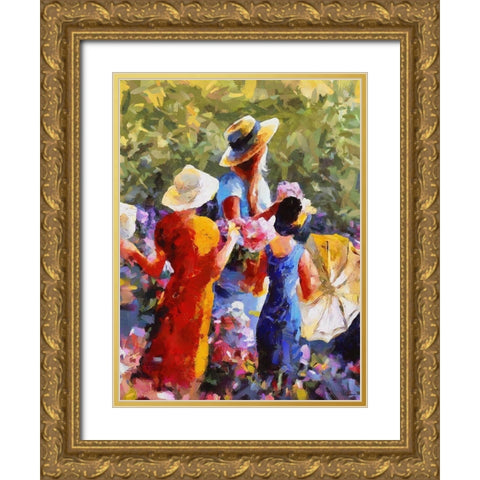 Three Girls with Umbrella Gold Ornate Wood Framed Art Print with Double Matting by Medeiros, Celito