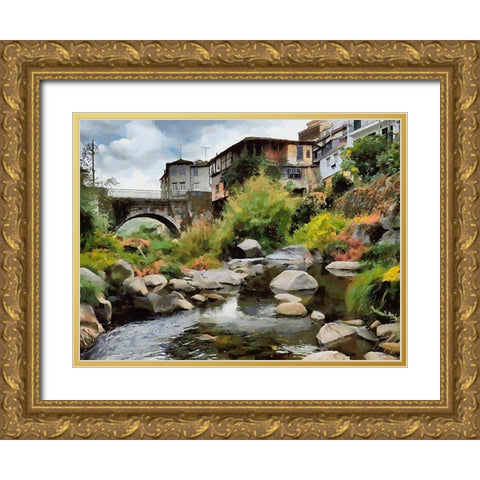 Bridge in the Village Gold Ornate Wood Framed Art Print with Double Matting by Medeiros, Celito