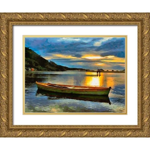 Sunset with green Boat Gold Ornate Wood Framed Art Print with Double Matting by Medeiros, Celito
