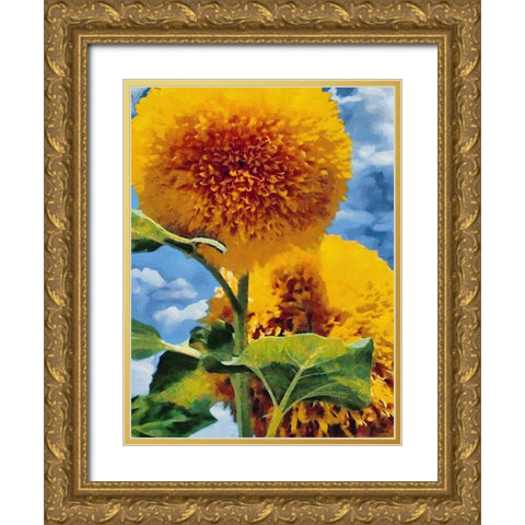 Two Sunflowers Gold Ornate Wood Framed Art Print with Double Matting by Medeiros, Celito