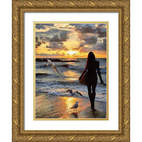Girl with Seagulls Gold Ornate Wood Framed Art Print with Double Matting by Medeiros, Celito