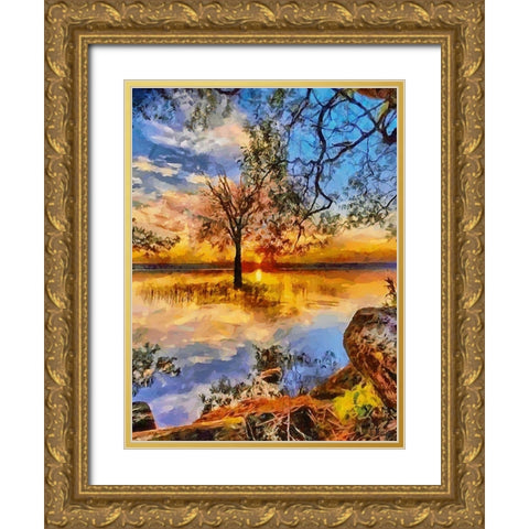 Tree in the Lake Gold Ornate Wood Framed Art Print with Double Matting by Medeiros, Celito