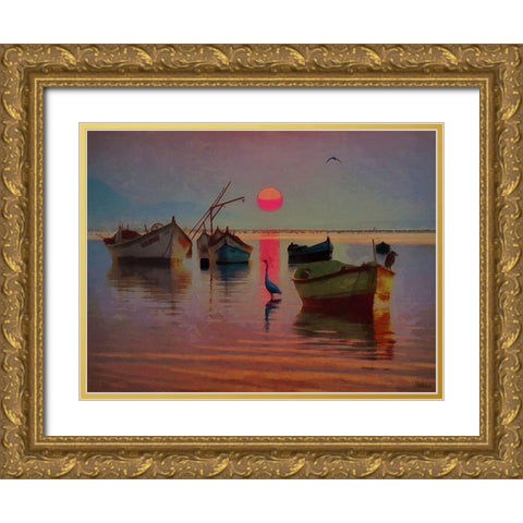 Boats with pink Sun Gold Ornate Wood Framed Art Print with Double Matting by Medeiros, Celito
