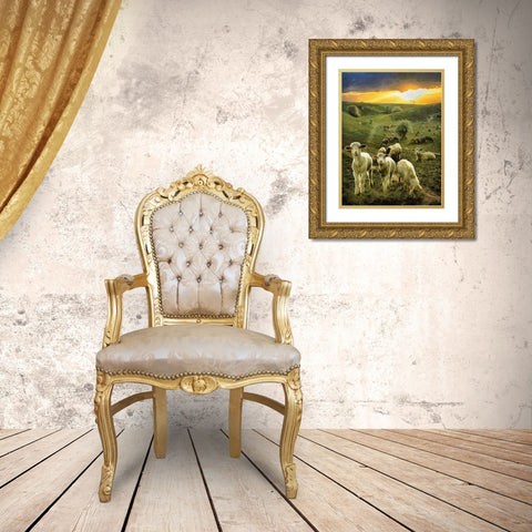 Sheeps by Sunrise Gold Ornate Wood Framed Art Print with Double Matting by Medeiros, Celito