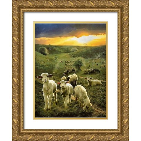 Sheeps by Sunrise Gold Ornate Wood Framed Art Print with Double Matting by Medeiros, Celito