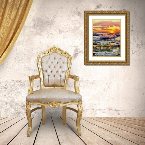 Waves under Sunset Gold Ornate Wood Framed Art Print with Double Matting by Medeiros, Celito