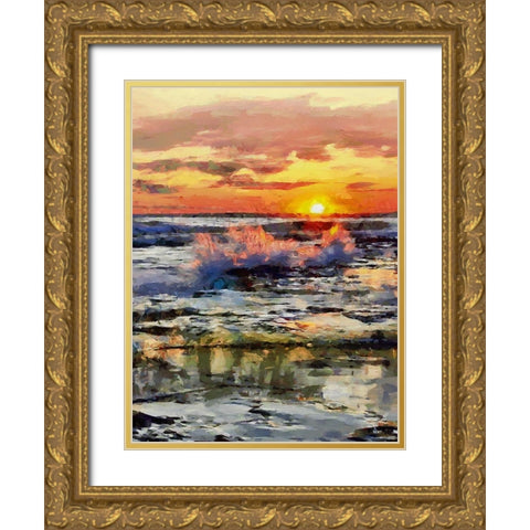 Waves under Sunset Gold Ornate Wood Framed Art Print with Double Matting by Medeiros, Celito