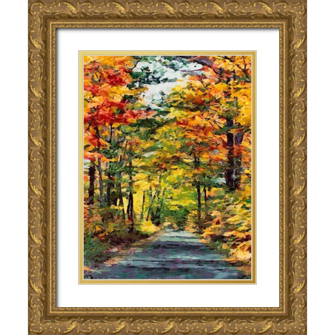 Golden Autumn Leaves Gold Ornate Wood Framed Art Print with Double Matting by Medeiros, Celito