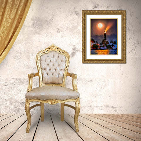 Lighthouse with Full Moon Gold Ornate Wood Framed Art Print with Double Matting by Medeiros, Celito