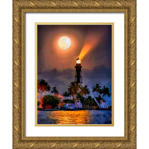 Lighthouse with Full Moon Gold Ornate Wood Framed Art Print with Double Matting by Medeiros, Celito