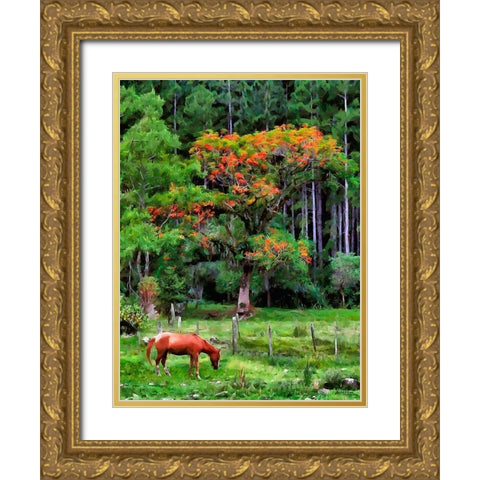 Brown Horse on the Meadow Gold Ornate Wood Framed Art Print with Double Matting by Medeiros, Celito