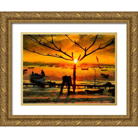 Small Harbour by Sunset I Gold Ornate Wood Framed Art Print with Double Matting by Medeiros, Celito