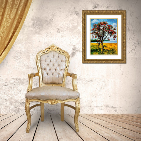 Red Tree on a Yellow Field Gold Ornate Wood Framed Art Print with Double Matting by Medeiros, Celito