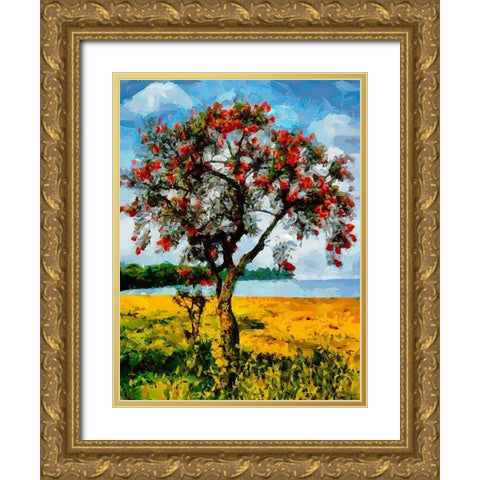 Red Tree on a Yellow Field Gold Ornate Wood Framed Art Print with Double Matting by Medeiros, Celito