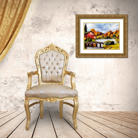 Red House with Stone Bridge Gold Ornate Wood Framed Art Print with Double Matting by Medeiros, Celito