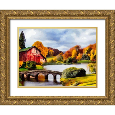 Red House with Stone Bridge Gold Ornate Wood Framed Art Print with Double Matting by Medeiros, Celito