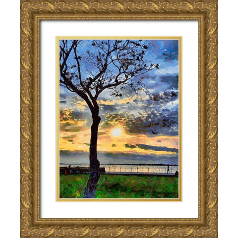 A Tree at Sunset Gold Ornate Wood Framed Art Print with Double Matting by Medeiros, Celito