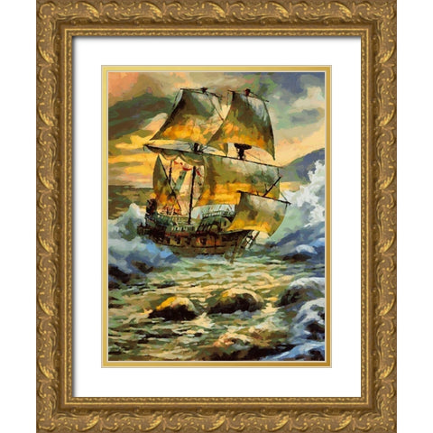 Boat Santa Maria VI Gold Ornate Wood Framed Art Print with Double Matting by Medeiros, Celito