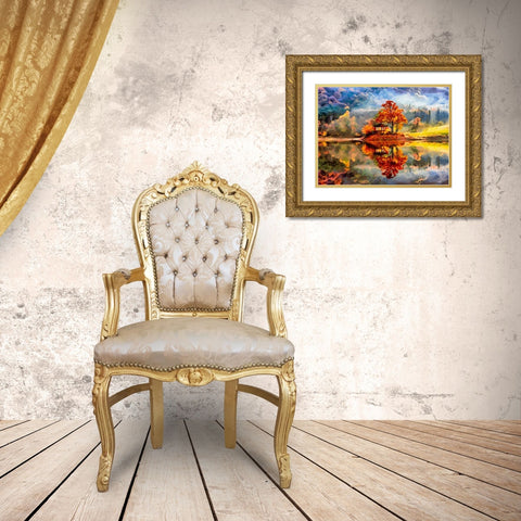 Watterfall with yellow Flower Gold Ornate Wood Framed Art Print with Double Matting by Medeiros, Celito