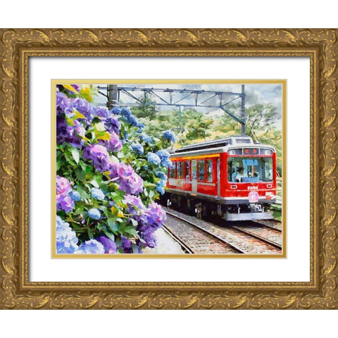 Red Train with Hydrangea Gold Ornate Wood Framed Art Print with Double Matting by Medeiros, Celito