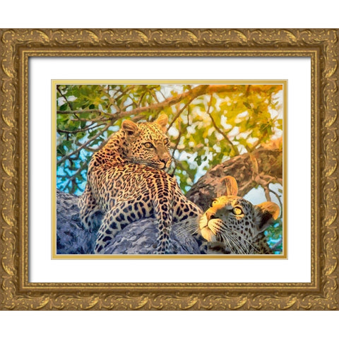Two Leopards Gold Ornate Wood Framed Art Print with Double Matting by Medeiros, Celito