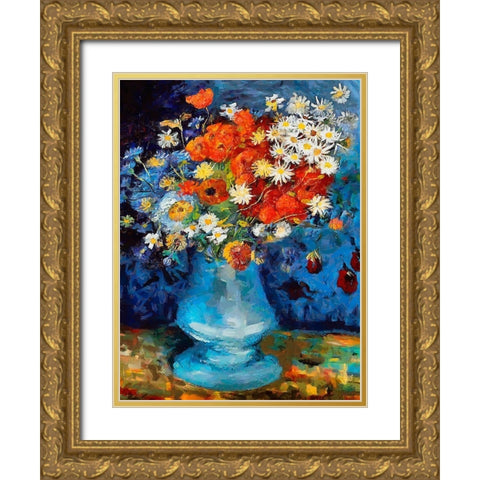 Vase with Flowers on blue Background Gold Ornate Wood Framed Art Print with Double Matting by Medeiros, Celito