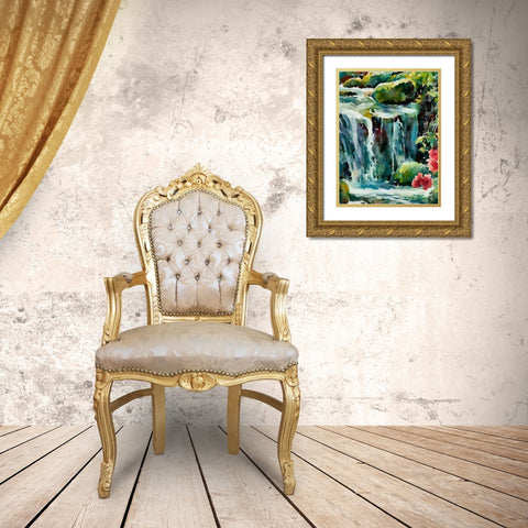 Watterfall with Rocks Gold Ornate Wood Framed Art Print with Double Matting by Medeiros, Celito