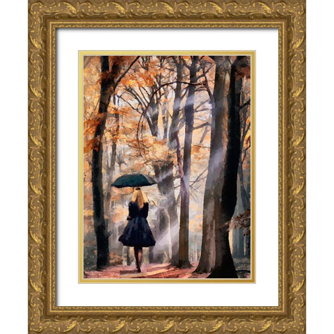 Lady with Black Umbrella Gold Ornate Wood Framed Art Print with Double Matting by Medeiros, Celito