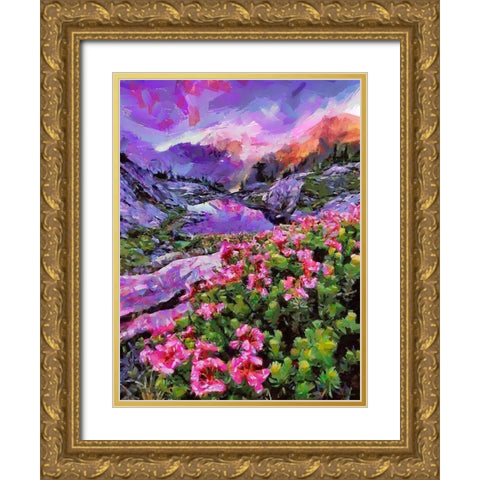 Landscape with Pink Flowers I Gold Ornate Wood Framed Art Print with Double Matting by Medeiros, Celito