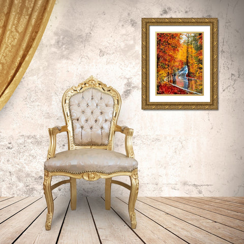 Autumn Road after Rain Gold Ornate Wood Framed Art Print with Double Matting by Medeiros, Celito