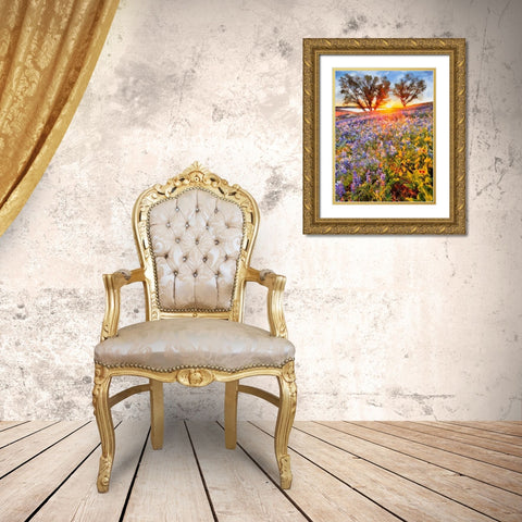 Sunrise over a Meadow with blue Flowers Gold Ornate Wood Framed Art Print with Double Matting by Medeiros, Celito