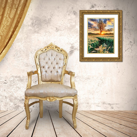 Sunset behind the Tree Gold Ornate Wood Framed Art Print with Double Matting by Medeiros, Celito