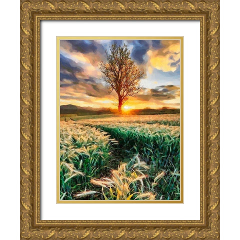 Sunset behind the Tree Gold Ornate Wood Framed Art Print with Double Matting by Medeiros, Celito