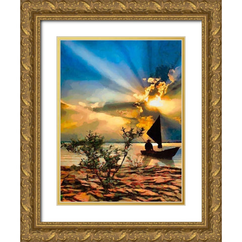 Fisherman in the Evening Gold Ornate Wood Framed Art Print with Double Matting by Medeiros, Celito