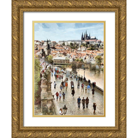 Charles Bridge in Prague Gold Ornate Wood Framed Art Print with Double Matting by Medeiros, Celito