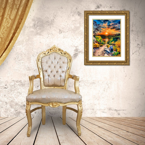 Sunset with Stones Gold Ornate Wood Framed Art Print with Double Matting by Medeiros, Celito