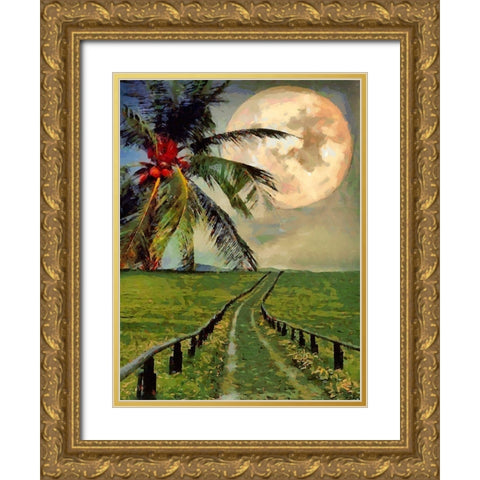 Full Moon with Palm Tree Gold Ornate Wood Framed Art Print with Double Matting by Medeiros, Celito